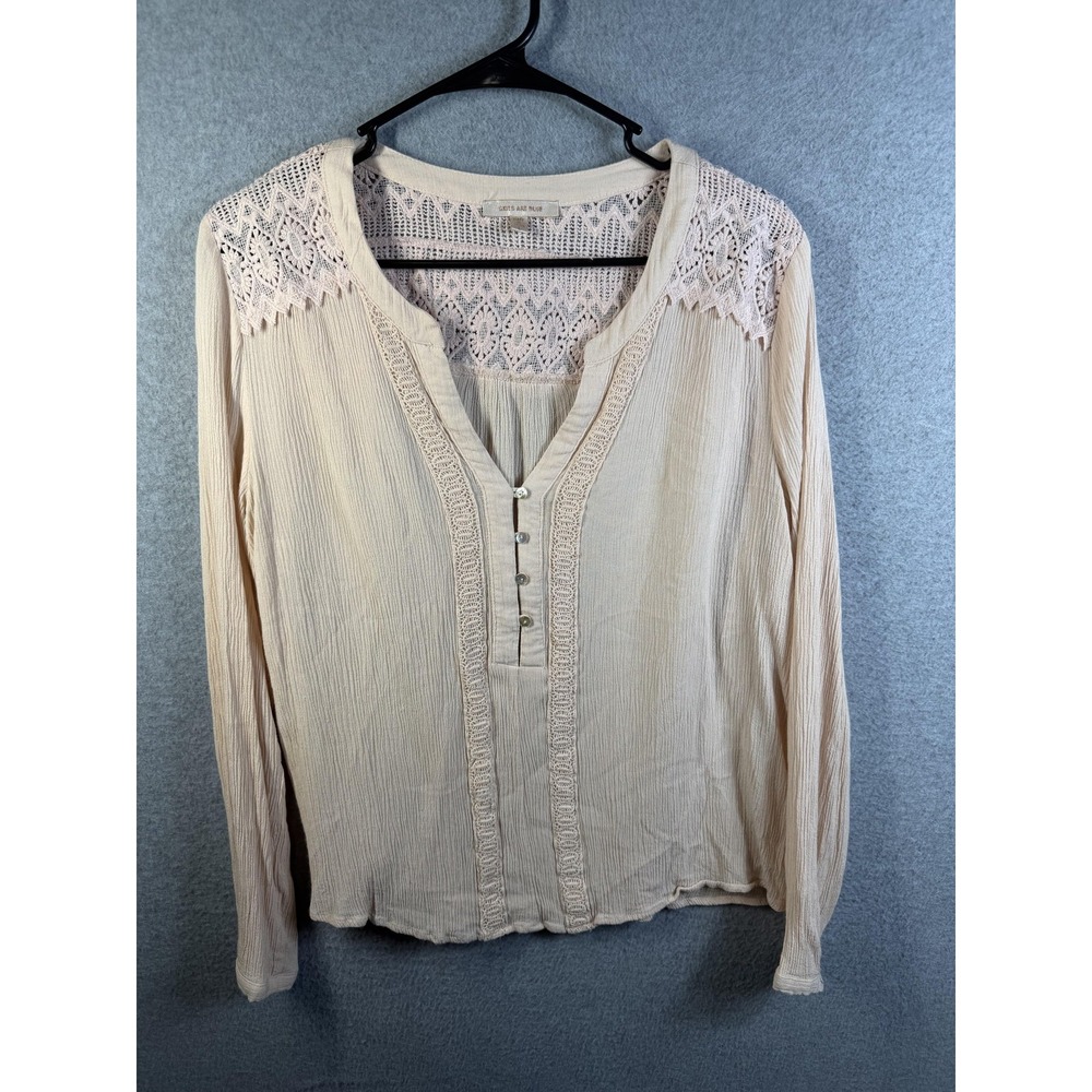 Skies Are Blue Blouse Womens Large White Crochet Lace Henley Long Sleeve Top
